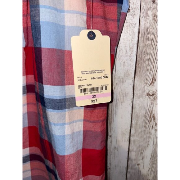 St. Johns Bay Women's Classic Red Navy Plaid Sleeveless Button Shirt 3X - Picture 6 of 7